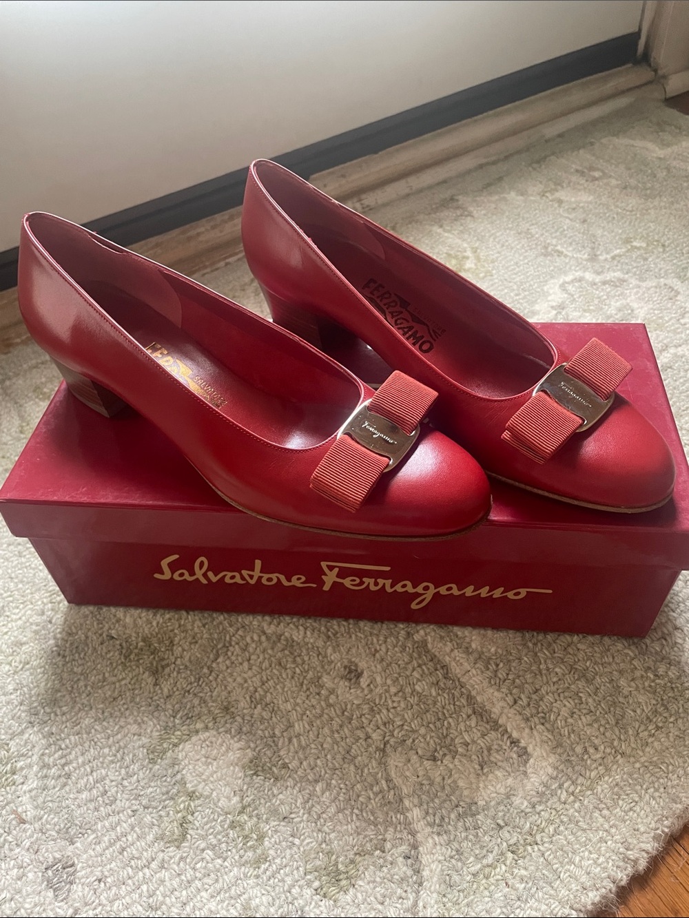 Salvatore Ferragamo Red Leather Vara Bow Block Heel Pumps